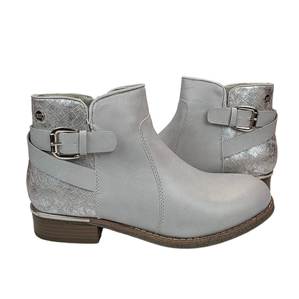 Xti women's gray silver spring ankle boots - synthetic leather boots with buckle and engraved metallic heel - chic style