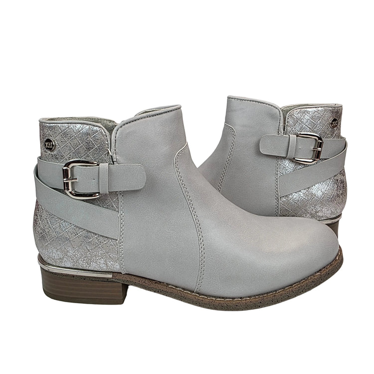 Xti women's gray silver spring ankle boots - synthetic leather boots with buckle and engraved metallic heel - chic style