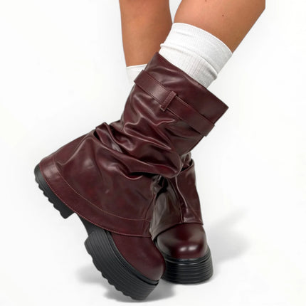 Women's platform boots with side and interior zipper, wine red color, autumn winter fashion trend, buckle adjustment, y2k comfortable and light, tulip
