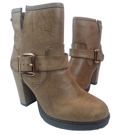 Xti hoyvoy women's high heel ankle boots taupe color casual ankle boot vegan aged synthetic leather golden buckle platform track heel 9.5 cm comfort