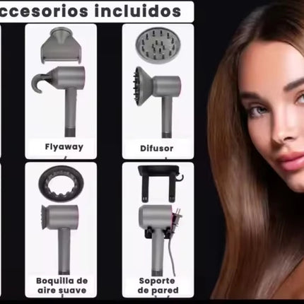 Easyspeed bladeless ionic hair dryer 5 in 1 professional hairdressing 1600w with 6 accessories quick and constant cold/heat drying 3 speeds high power for home and travel use, silent and powerful