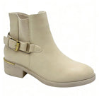 Elegant black ankle boot with side zipper and gold buckle and medium heel - lantian
