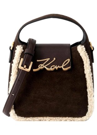 Borsa Hobo in pelle scamosciata KARL LAGERFELD con shearling K/Signature color cioccolato