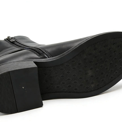 Elegant black ankle boot with side zipper and gold buckle and medium heel - lantian