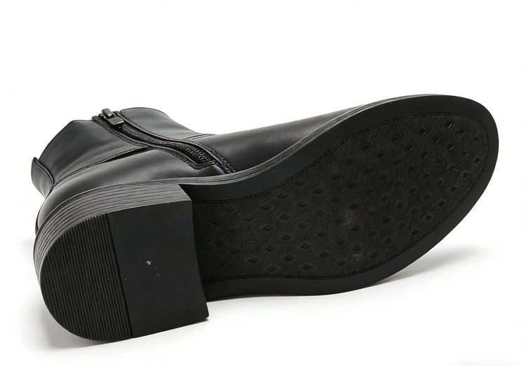 Elegant black ankle boot with side zipper and gold buckle and medium heel - lantian