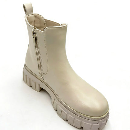 Beige combat boot with thick sole and side closure for women - lantian