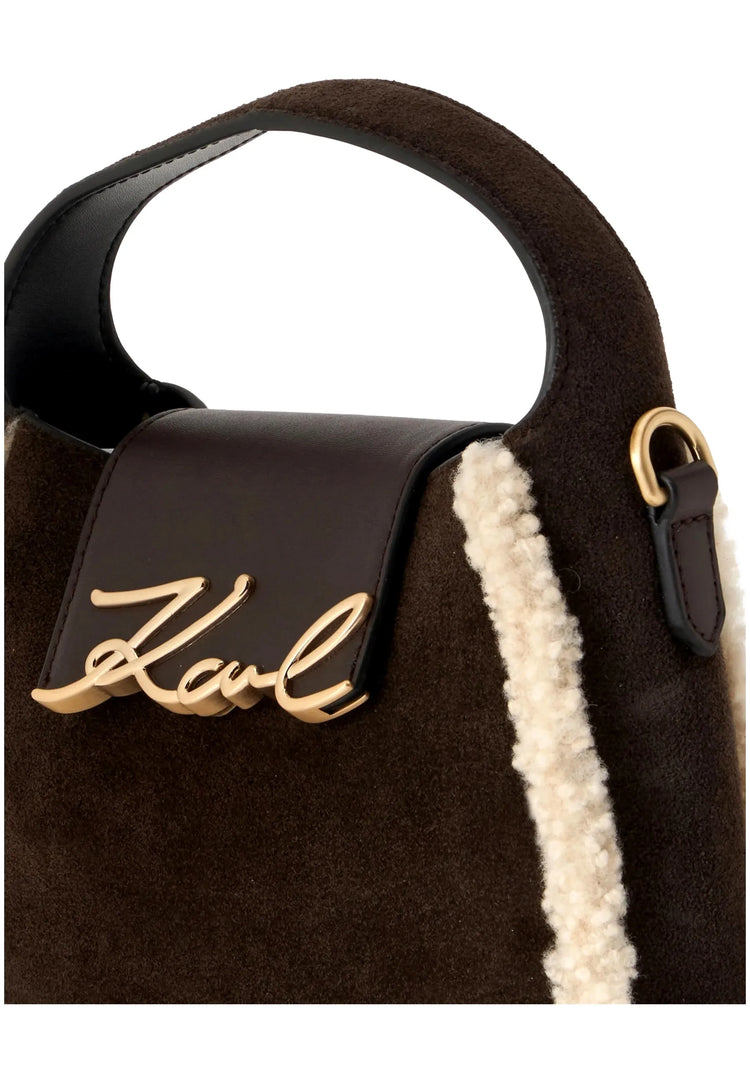 Borsa Hobo in pelle scamosciata KARL LAGERFELD con shearling K/Signature color cioccolato