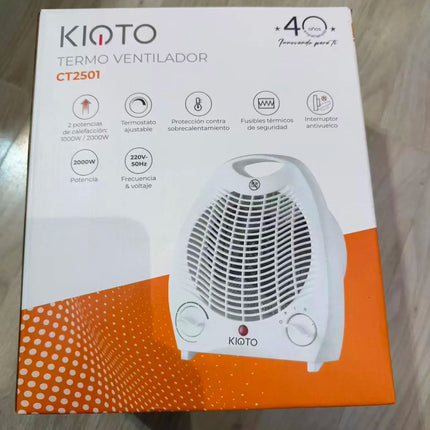 Portable Electric Heater CT2501 by hola led, 1000/2000W, features overheating and tilt safety, compact design (25 x 15 x 30 cm), lightweight (1.8 kg), perfect for bedrooms, offices, and small apartments.