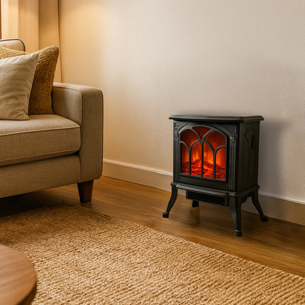 Jocca 1500W Electric Fireplace Heater with PTC Technology, Adjustable Thermostat, Safety Features, and Realistic LED Flame for Instant Heating and Home Decoration