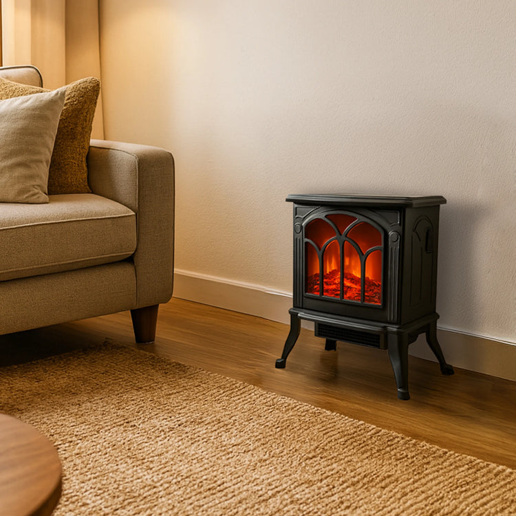 Jocca 1500W Electric Fireplace Heater with PTC Technology, Adjustable Thermostat, Safety Features, and Realistic LED Flame for Instant Heating and Home Decoration