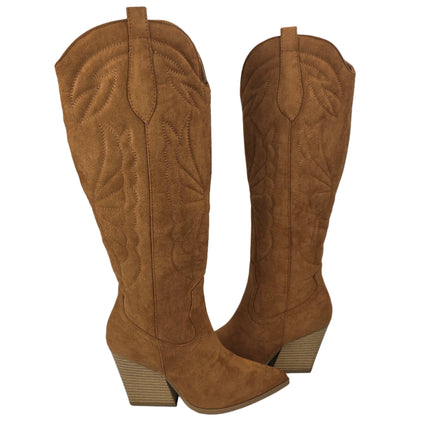 Women's high cowboy boot camel color country boots heel 8.5 cm embroidered wings suede side zipper western style runway concept