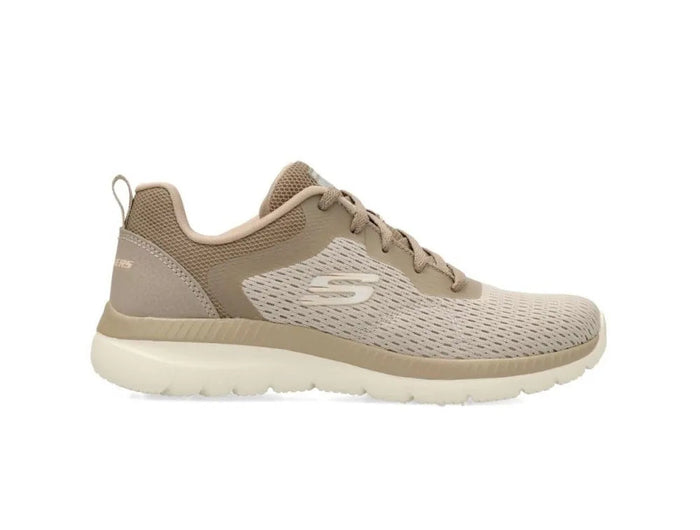 Skechers Bountiful-quick Path Women's Sneakers in Taupe, featuring breathable mesh, lightweight cushioning for all-day comfort, and a modern design perfect for any outfit. Ideal women's footwear for walking and casual wear. PlatiNum