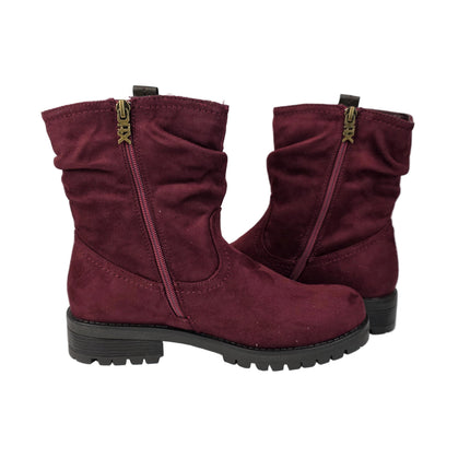 Xti women's mid-calf boots burgundy color casual boot suede slouchy style wrinkled sole track warm lining comfort leather insole