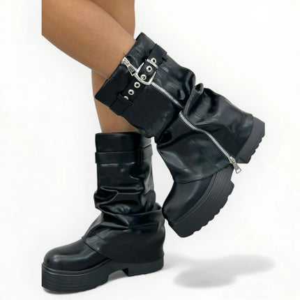 Kendall romanciaga platform women's boots y2k style with side and interior zipper, autumn winter fashion trend, buckle adjustment,