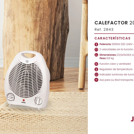 Jocca electric heater, portable, compact size, with 2 speeds of heat function, fan function, ambient temperature regulator and 2000w of power