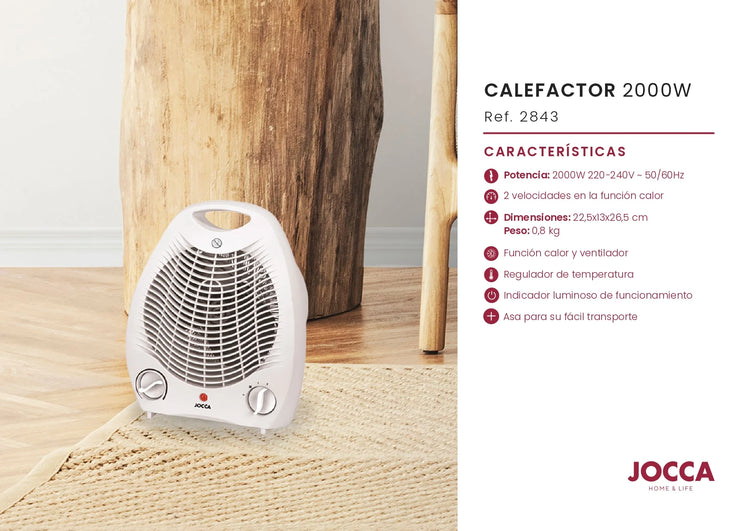 Jocca electric heater, portable, compact size, with 2 speeds of heat function, fan function, ambient temperature regulator and 2000w of power