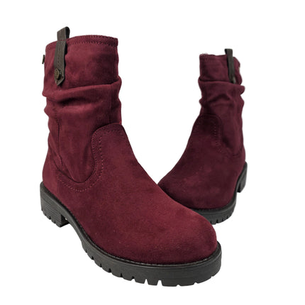 Xti women's mid-calf boots burgundy color casual boot suede slouchy style wrinkled sole track warm lining comfort leather insole