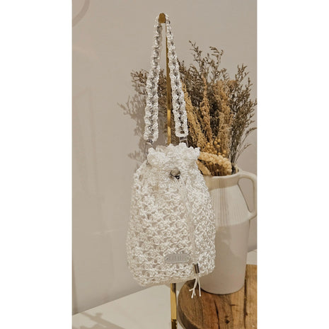 Borsa per Confetti da Sposa in Crochet Bianco, Design Fatto a Mano con Chiusura Regolabile e Manico Intrecciato, Stile Romantico ed Elegante, Ideale per Matrimoni ed Eventi Speciali