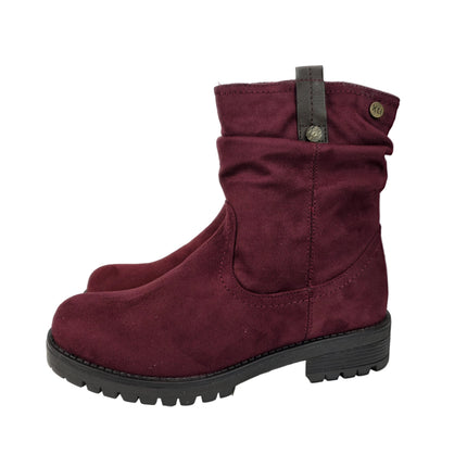 Xti women's mid-calf boots burgundy color casual boot suede slouchy style wrinkled sole track warm lining comfort leather insole