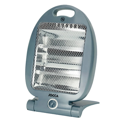 Halogen electric heater Jocca with quartz bars, ideal for small rooms like offices, bathrooms, or kitchens; 800W power, compact, foldable design, and includes safety features like a tip-over switch and a safety grid.