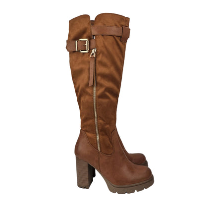 Pasarela concept high heel boots for women camel color casual boot combined slouchy buckle