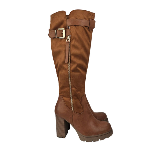 Pasarela concept high heel boots for women camel color casual boot combined slouchy buckle