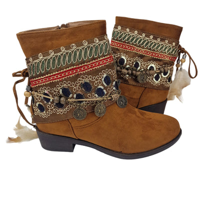 Pasarela concept women's country boots boho style 2 in 1 removable ethnic ribbon casual boot lined zipper non-slip rubber sole