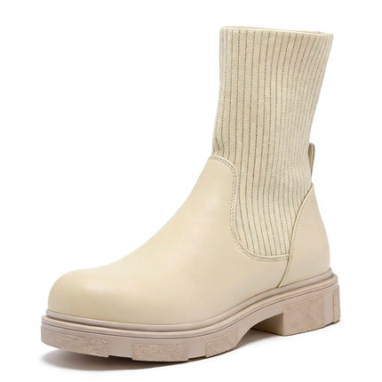 Beige ankle boot with elastic shaft and thick sole for women - lantian