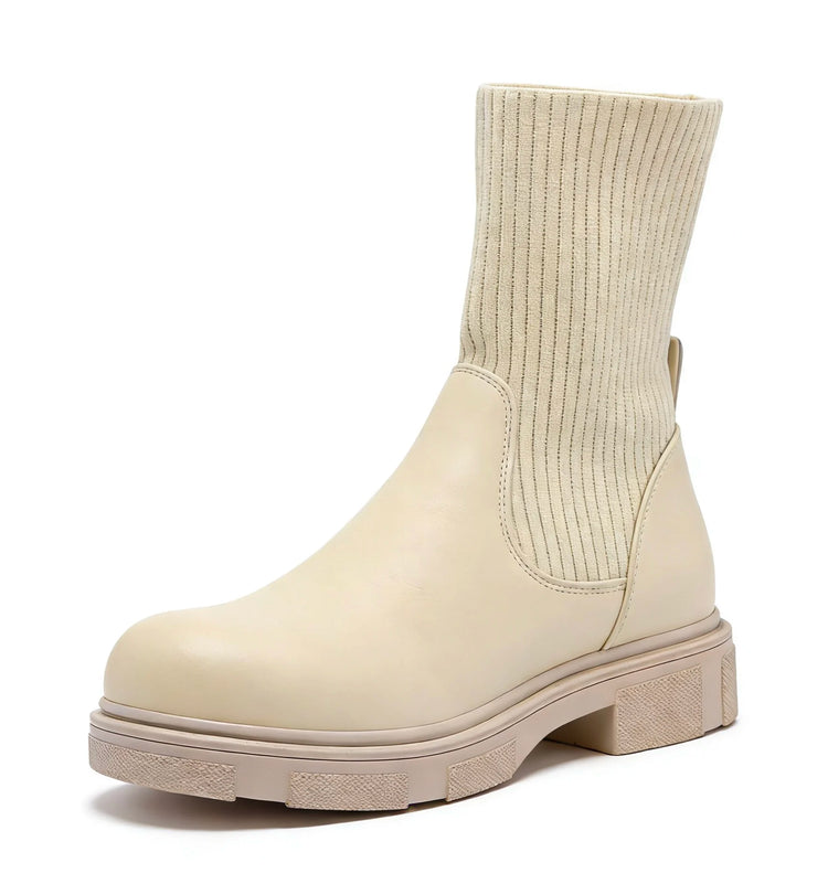 Beige ankle boot with elastic shaft and thick sole for women - lantian