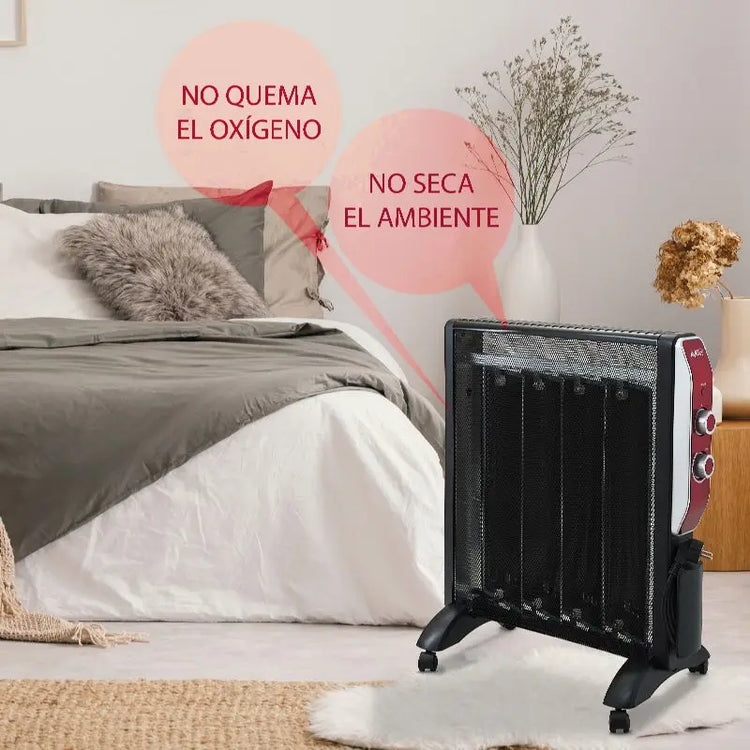 Mica Heater 2000W by Avant, fast and efficient electric radiator with adjustable thermostat, 2 power levels (1000W/2000W), modern safety features including overheating protection and anti-tip design, ideal for home heating.