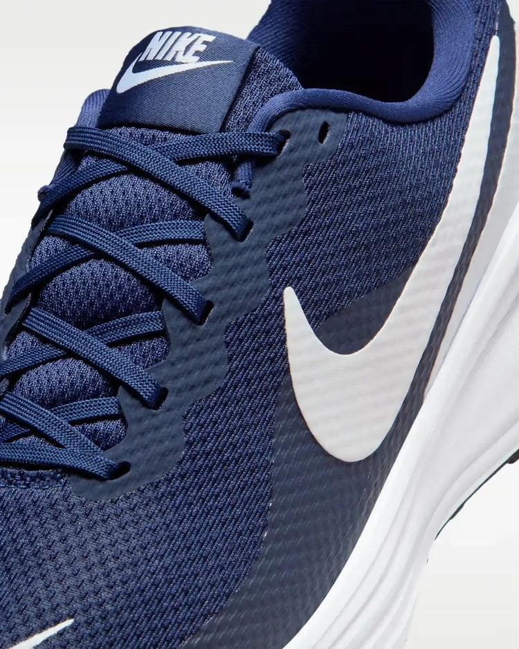 Nike Revolution 8 Midnight Navy Running Shoes for Men, featuring breathable mesh upper, foam midsole for cushioning, and a 10mm drop, ideal for comfortable asphalt running.