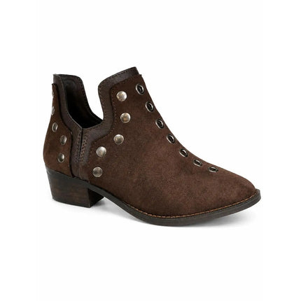 Black suede ankle boots for women with gold studs, low heel, fine toe and side zipper