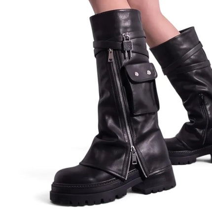 High black boots with side zipper and platform, side pocket, interior lining, autumn winter fashion trend, comfortable and light, ideal