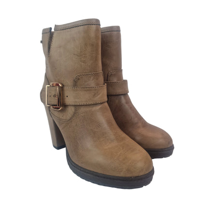 Xti hoyvoy women's high heel ankle boots taupe color casual ankle boot vegan aged synthetic leather golden buckle platform track heel 9.5 cm comfort
