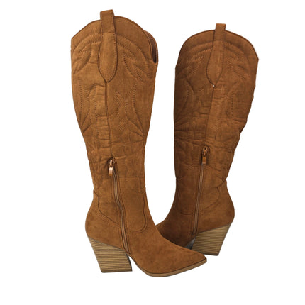Women's high cowboy boot camel color country boots heel 8.5 cm embroidered wings suede side zipper western style runway concept