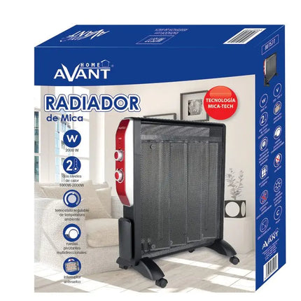 Mica Heater 2000W by Avant, fast and efficient electric radiator with adjustable thermostat, 2 power levels (1000W/2000W), modern safety features including overheating protection and anti-tip design, ideal for home heating.