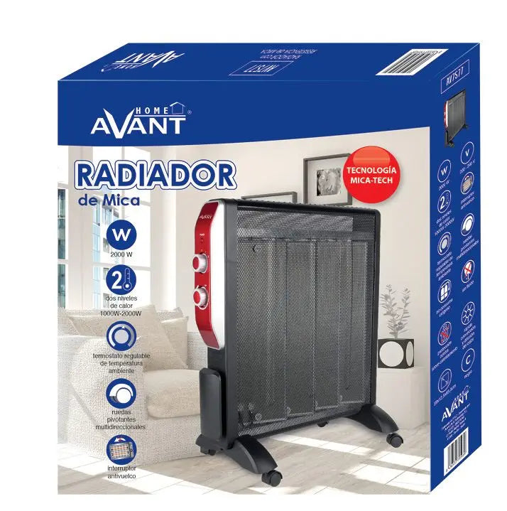 Mica Heater 2000W by Avant, fast and efficient electric radiator with adjustable thermostat, 2 power levels (1000W/2000W), modern safety features including overheating protection and anti-tip design, ideal for home heating.