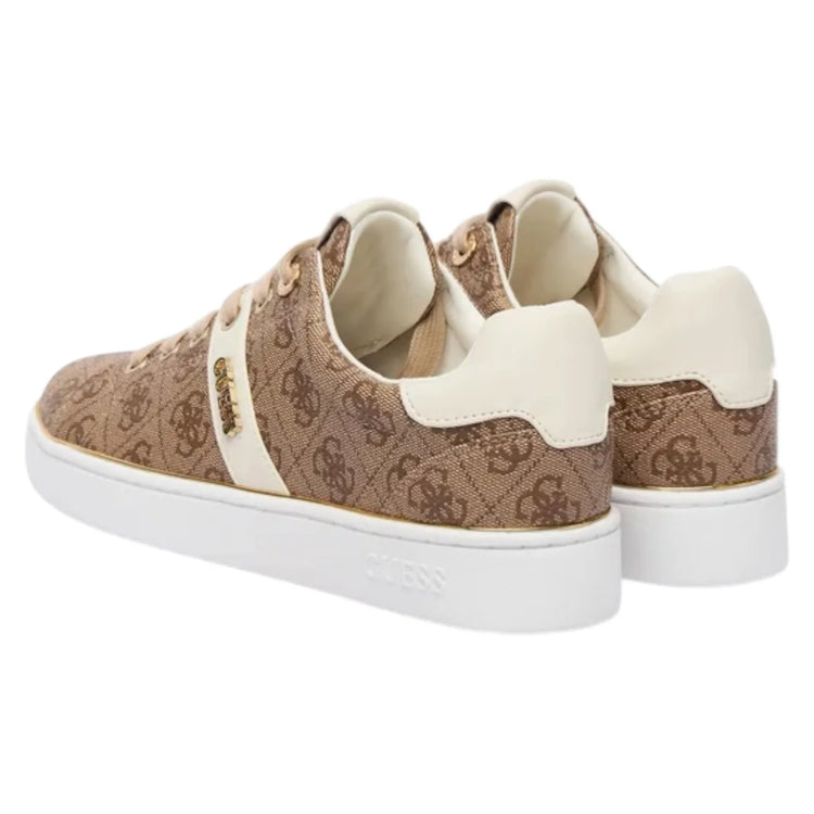 Guess Women's Beige White Britz 4G Logo Sneakers, featuring durable polyurethane upper, comfortable cotton lining, and 3 cm rubber sole, ideal for casual wear and everyday comfort.