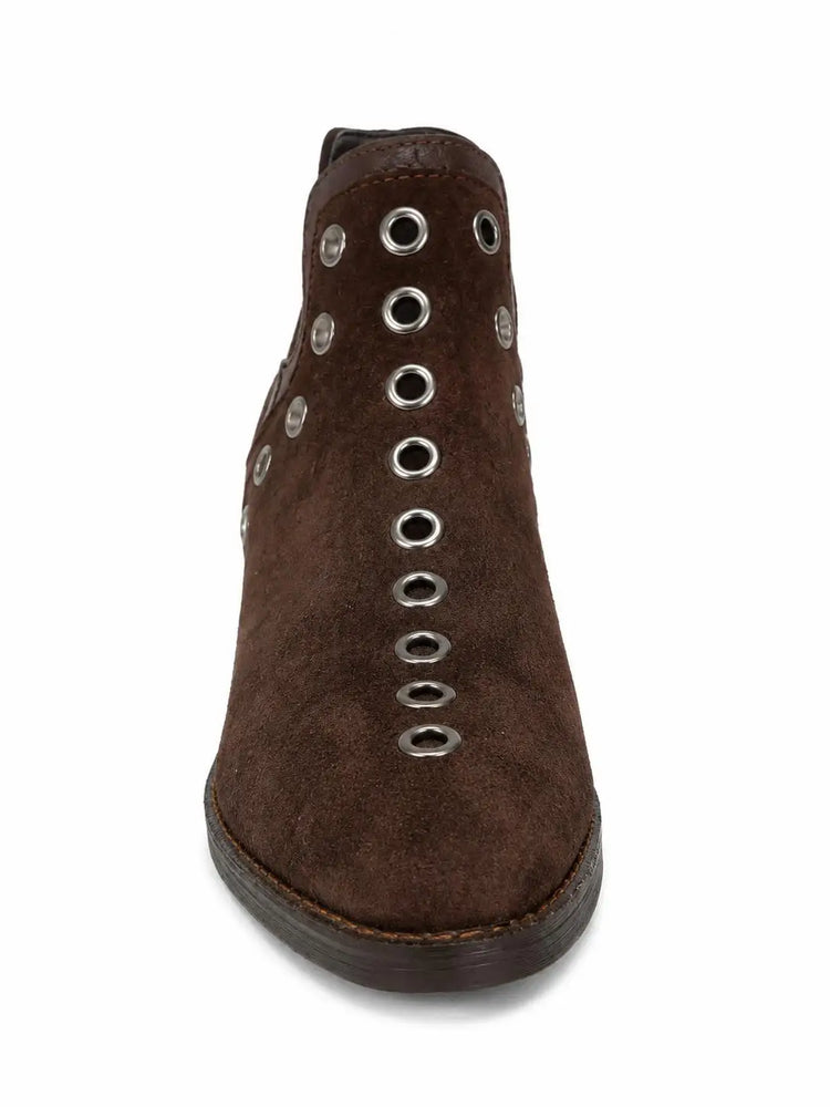 Black suede ankle boots for women with gold studs, low heel, fine toe and side zipper