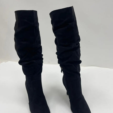 Women's black suede stiletto heel high boots elegant sophisticated modern wrinkled style-j6186