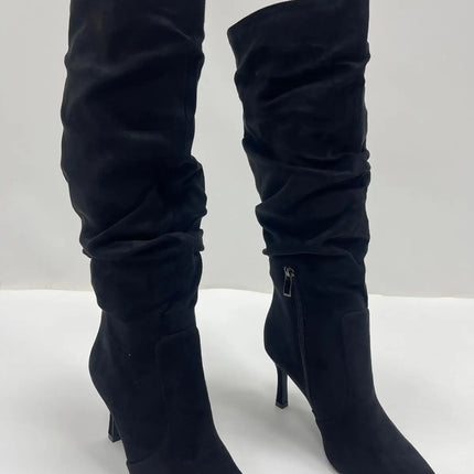 Women's black suede stiletto heel high boots elegant sophisticated modern wrinkled style-j6186