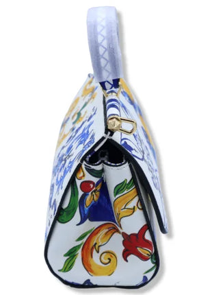 Borsa a tracolla con manico, decorazione in Maioliche siciliane e Limoni su sfondo bianco, disponibile in 2 misure.