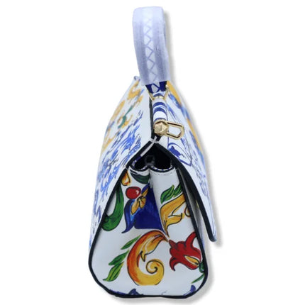 Borsa a tracolla con manico, decorazione in Maioliche siciliane e Limoni su sfondo bianco, disponibile in 2 misure.