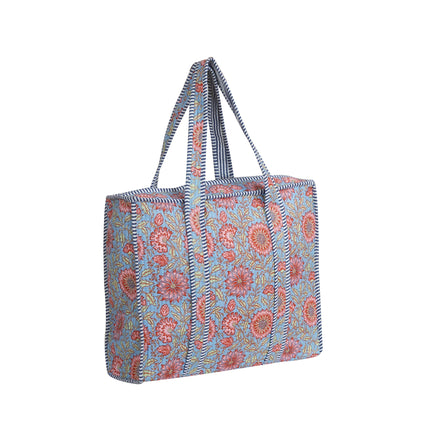 Beach bag, pool bag, padded bag with Indian floral print. Block print.