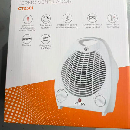 Portable Electric Heater CT2501 by hola led, 1000/2000W, features overheating and tilt safety, compact design (25 x 15 x 30 cm), lightweight (1.8 kg), perfect for bedrooms, offices, and small apartments.