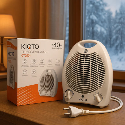 Portable Electric Heater CT2501 by hola led, 1000/2000W, features overheating and tilt safety, compact design (25 x 15 x 30 cm), lightweight (1.8 kg), perfect for bedrooms, offices, and small apartments.