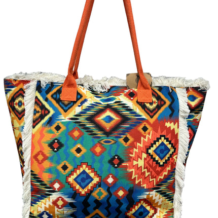 MIGLIORATA Borsa grande da spiaggia o piscina con stampe originali e frange di nappine in cotone bianco, dimensioni 55*37*19 cm. Dotata di tasche interne e fodera. Tessuto 100% poliestere.