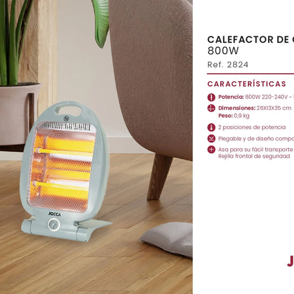 Halogen electric heater Jocca with quartz bars, ideal for small rooms like offices, bathrooms, or kitchens; 800W power, compact, foldable design, and includes safety features like a tip-over switch and a safety grid.