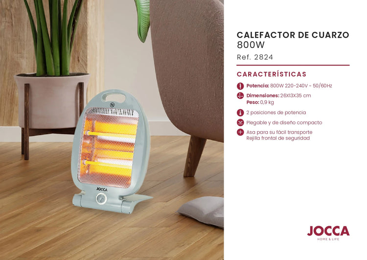 Halogen electric heater Jocca with quartz bars, ideal for small rooms like offices, bathrooms, or kitchens; 800W power, compact, foldable design, and includes safety features like a tip-over switch and a safety grid.