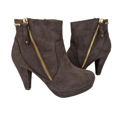 Xti hoyvoy women's high heel ankle boots gray color casual boot suede diagonal zipper cone heel 8.5 cm platform comfort leather insole